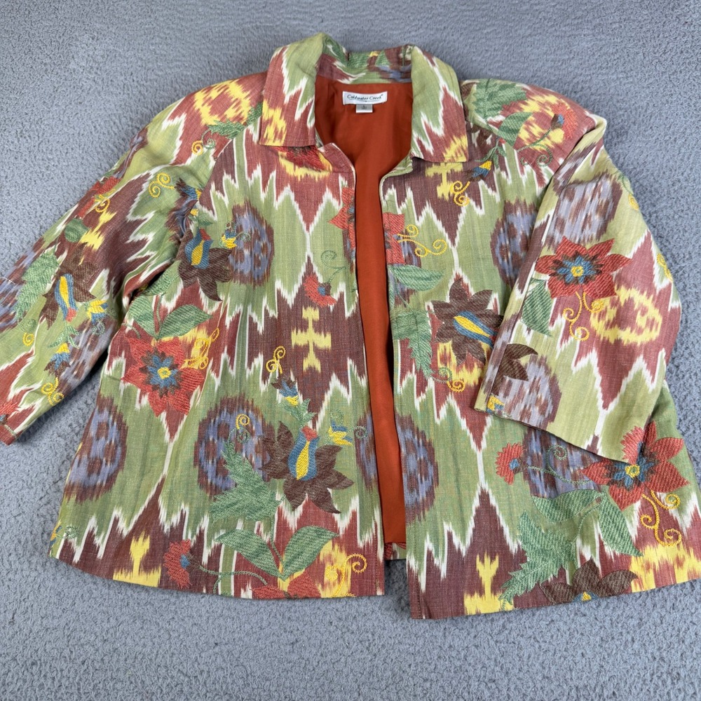 Coldwater Creek Jacket Womens L Multicolor Ikat Floral Embroidered Linen Blend